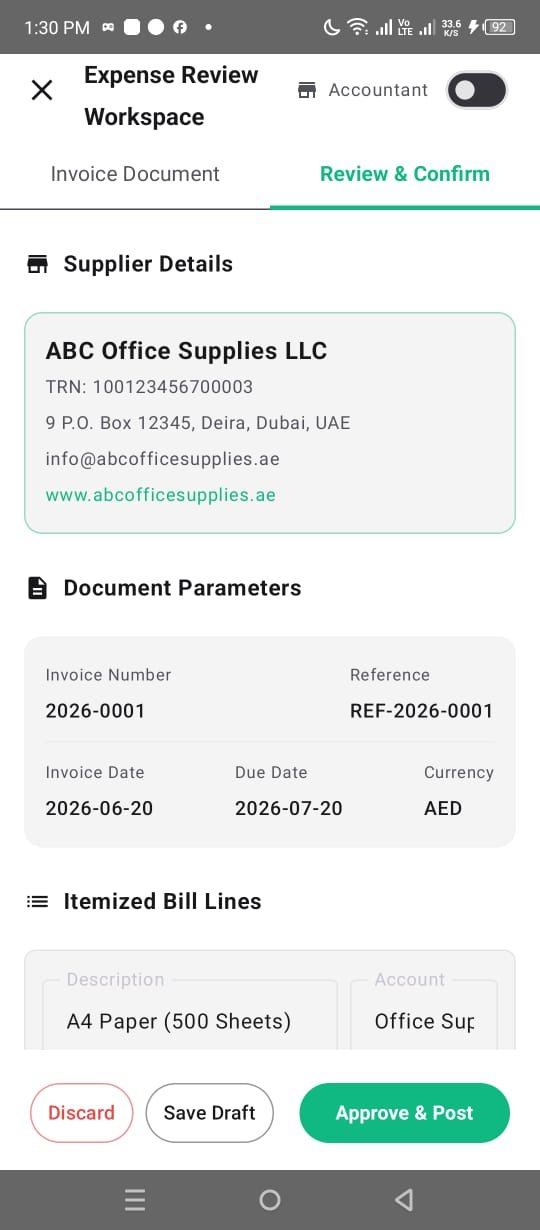 Expense Review · Business Mode — real MasqBook interface