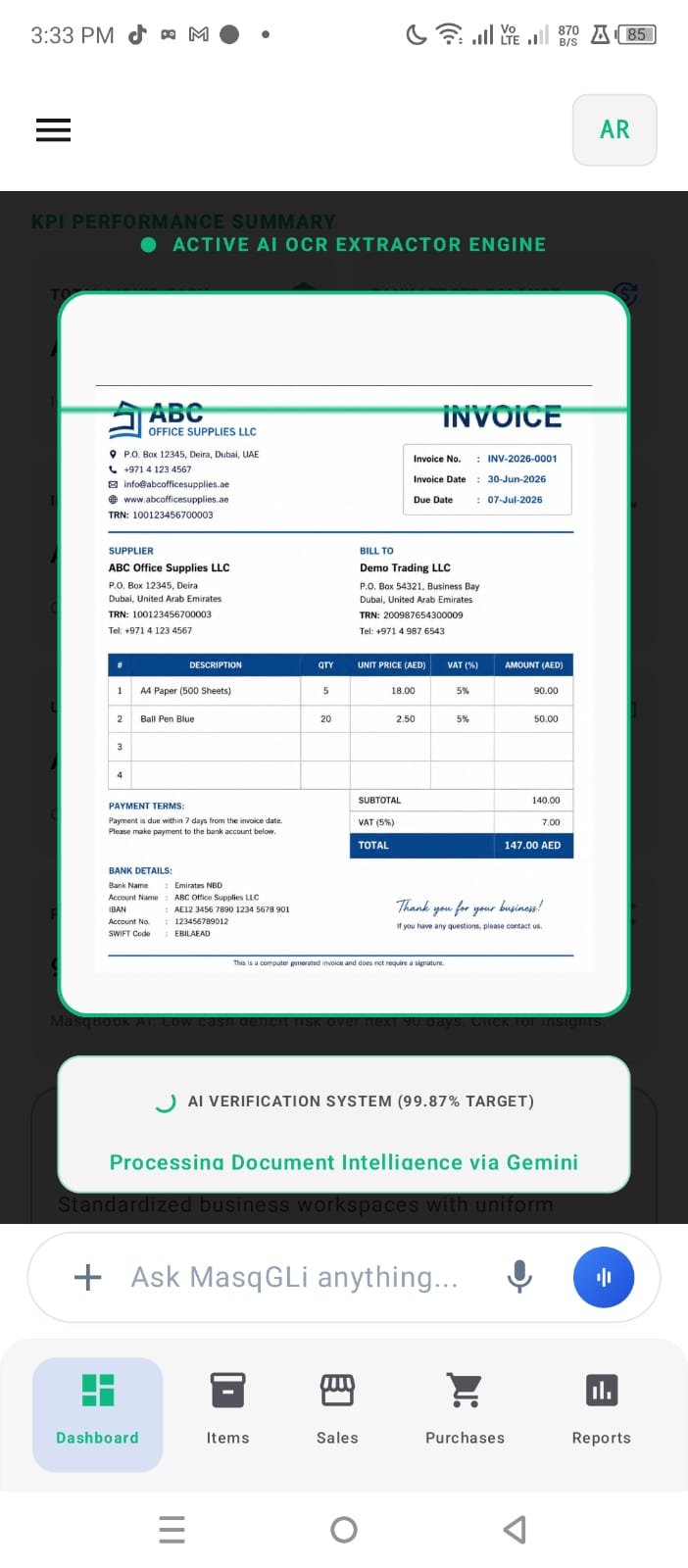 AI OCR extractor engine — real MasqBook interface